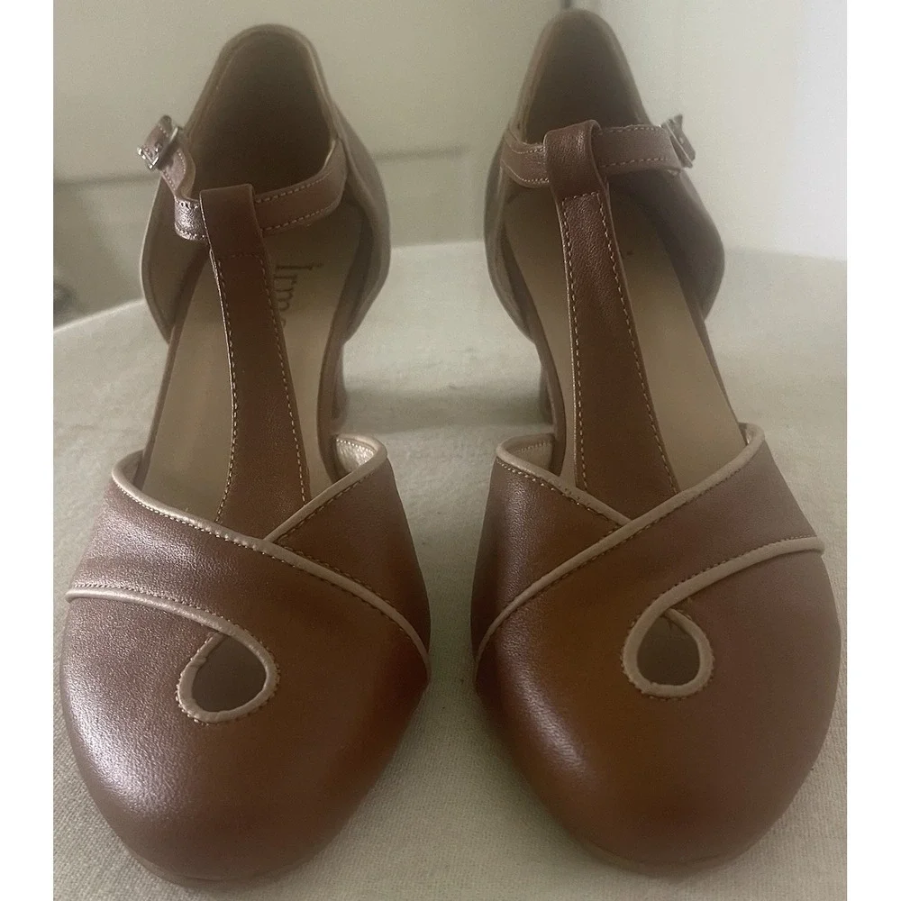 NWOB Brown Leather T-Strap Mary Jane Swing Dance Shoes EU 36 US 5.5-6 Block Heel